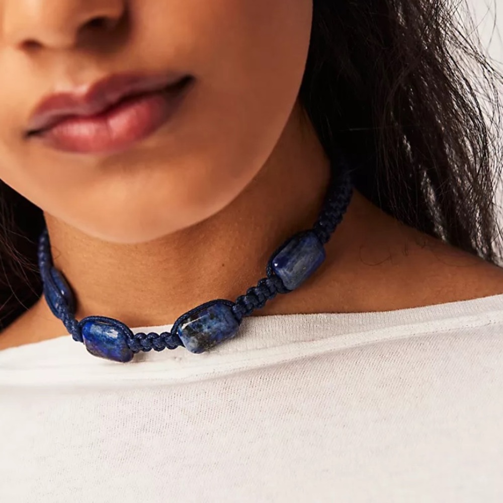 Free People Collier Sweet Carolina Blue Braided Coker Necklace W/ Natural Stones